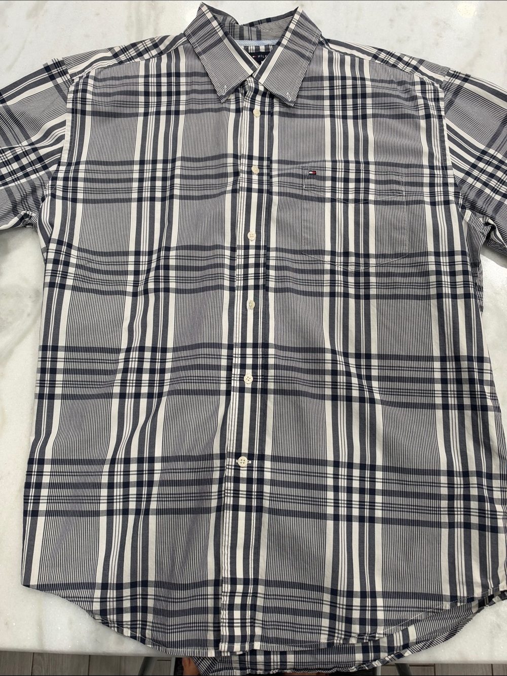 Tommy Hilfiger Men’s Navy and White Plaid Button-Down Shirt